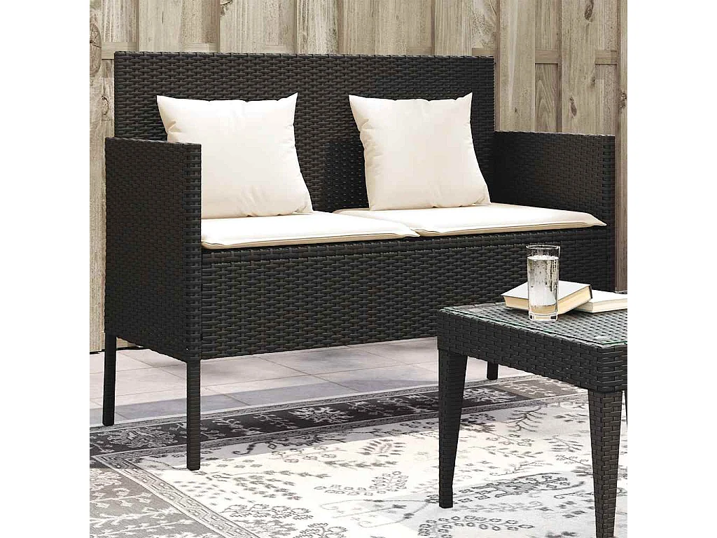 Banc de jardin avec coussins noir résine tressée