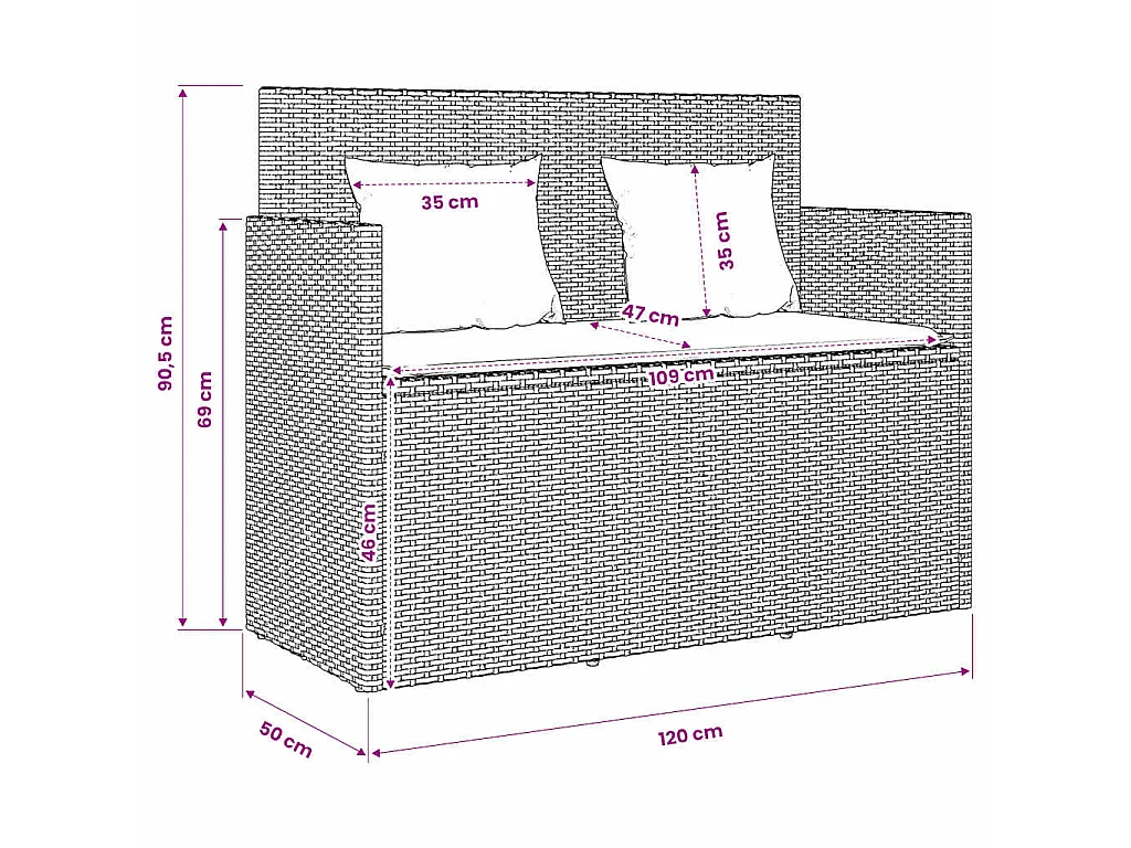 Tuinbank met kussens poly rattan beige