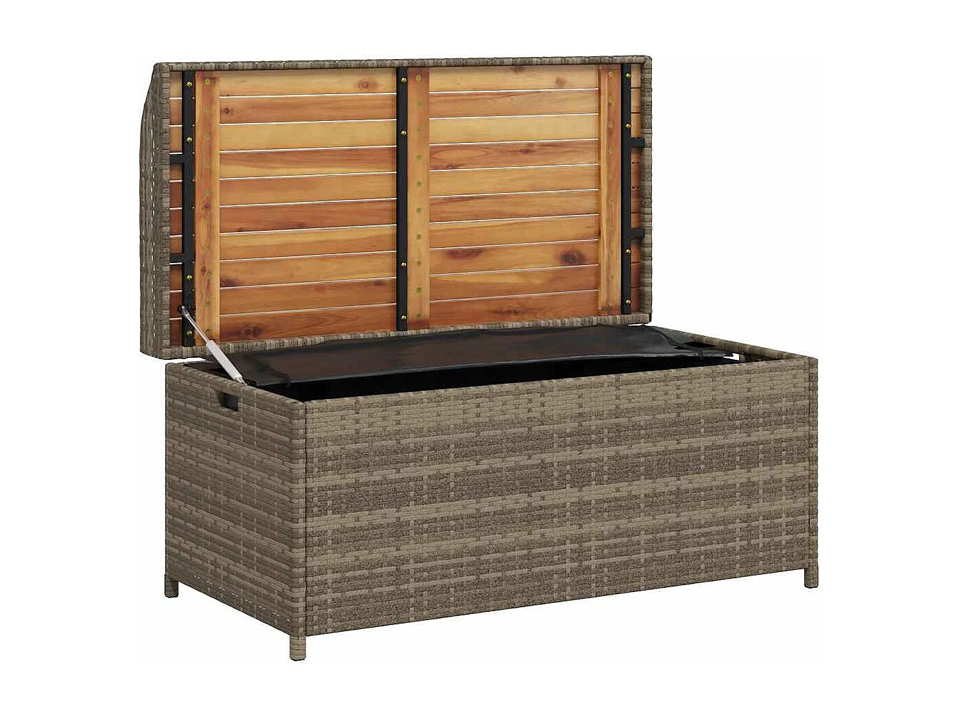 Banc de rangement gris résine tressée et bois d'acacia