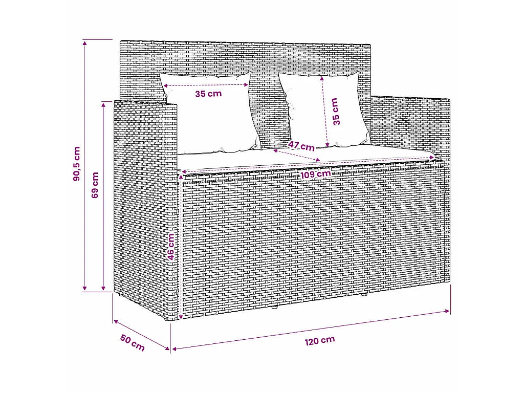 Gartenbank mit Kissen Schwarz Poly Rattan