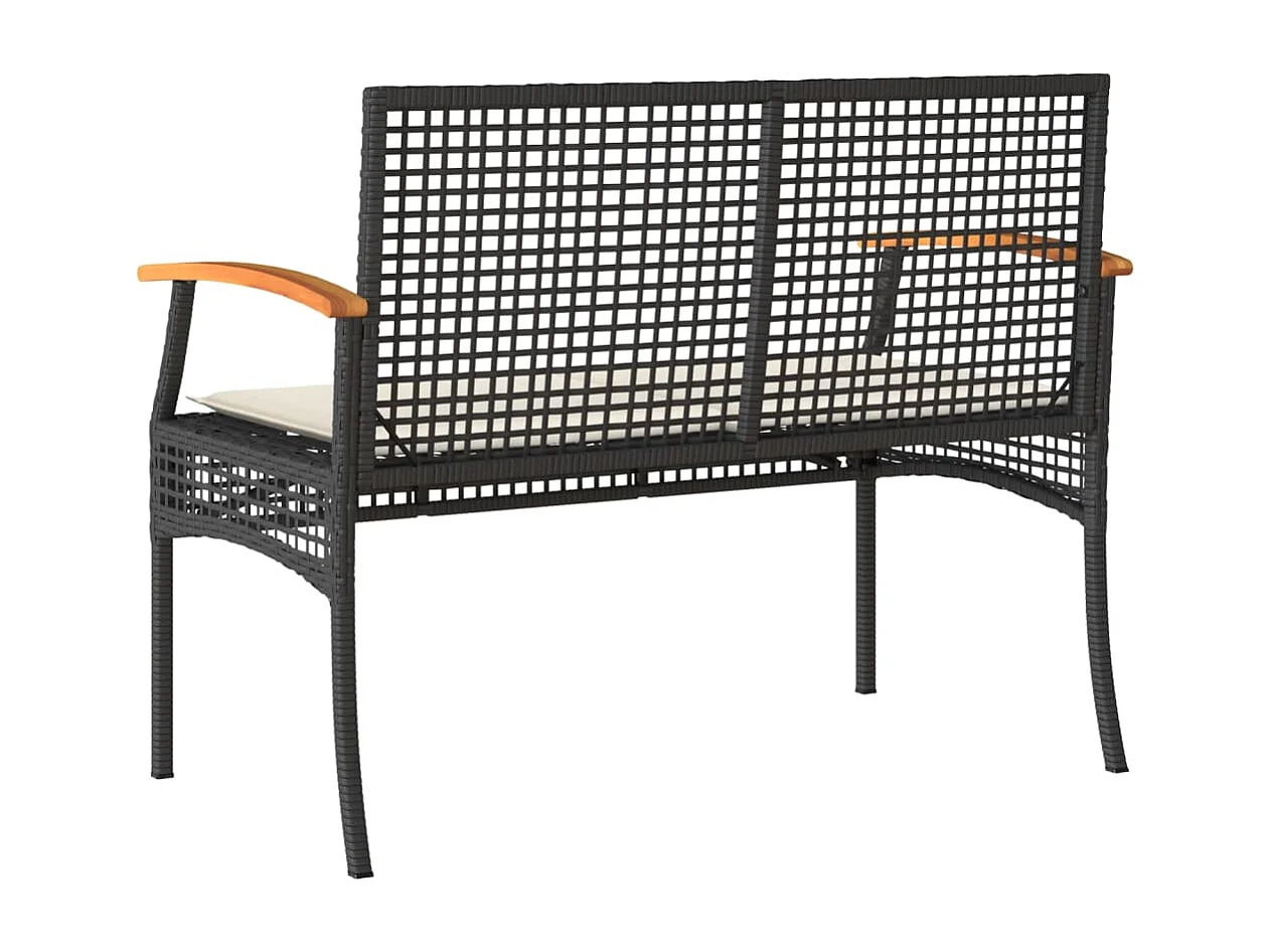 Gartenbank mit Kissen Schwarz Poly Rattan Akazienholz