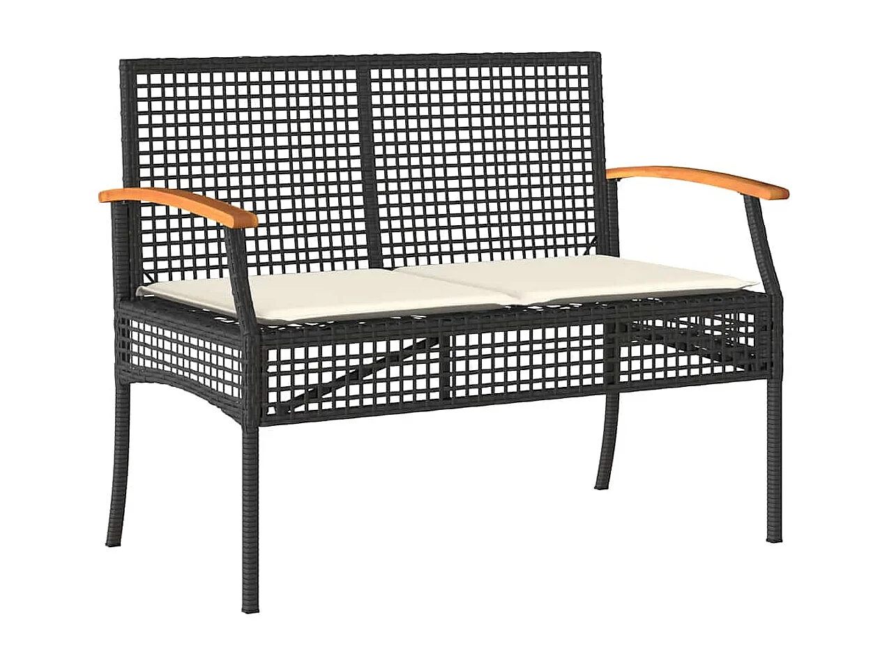 Panca da Giardino con Cuscino Nera in Polyrattan e Legno Acacia