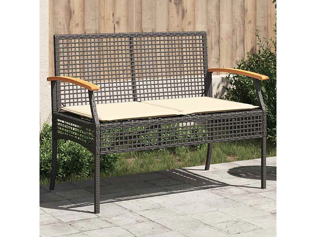 Panca da Giardino con Cuscino Nera in Polyrattan e Legno Acacia