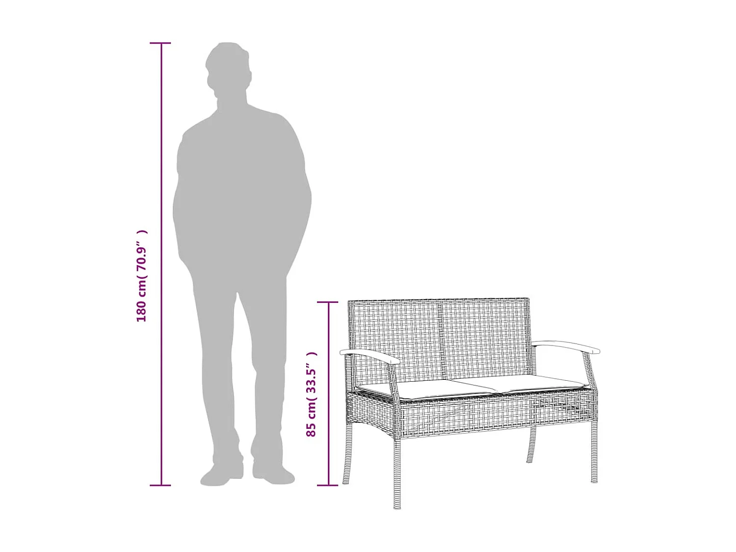 Panca da Giardino con Cuscino Nera in Polyrattan e Legno Acacia