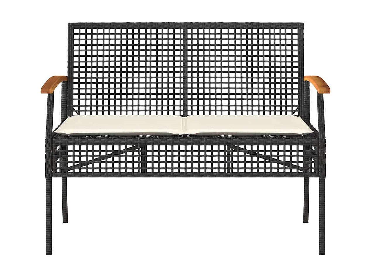 Panca da Giardino con Cuscino Nera in Polyrattan e Legno Acacia