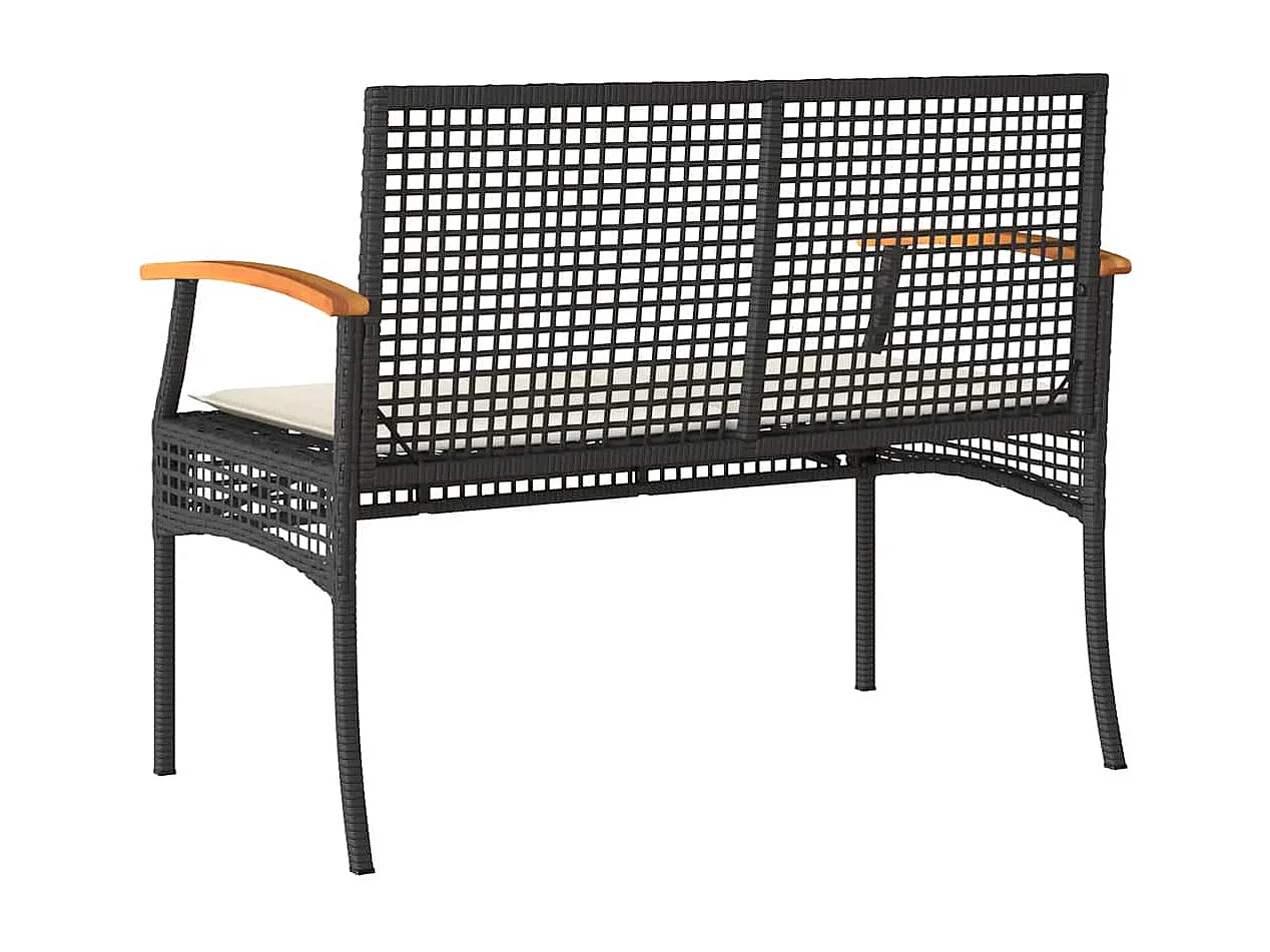 Panca da Giardino con Cuscino Nera in Polyrattan e Legno Acacia