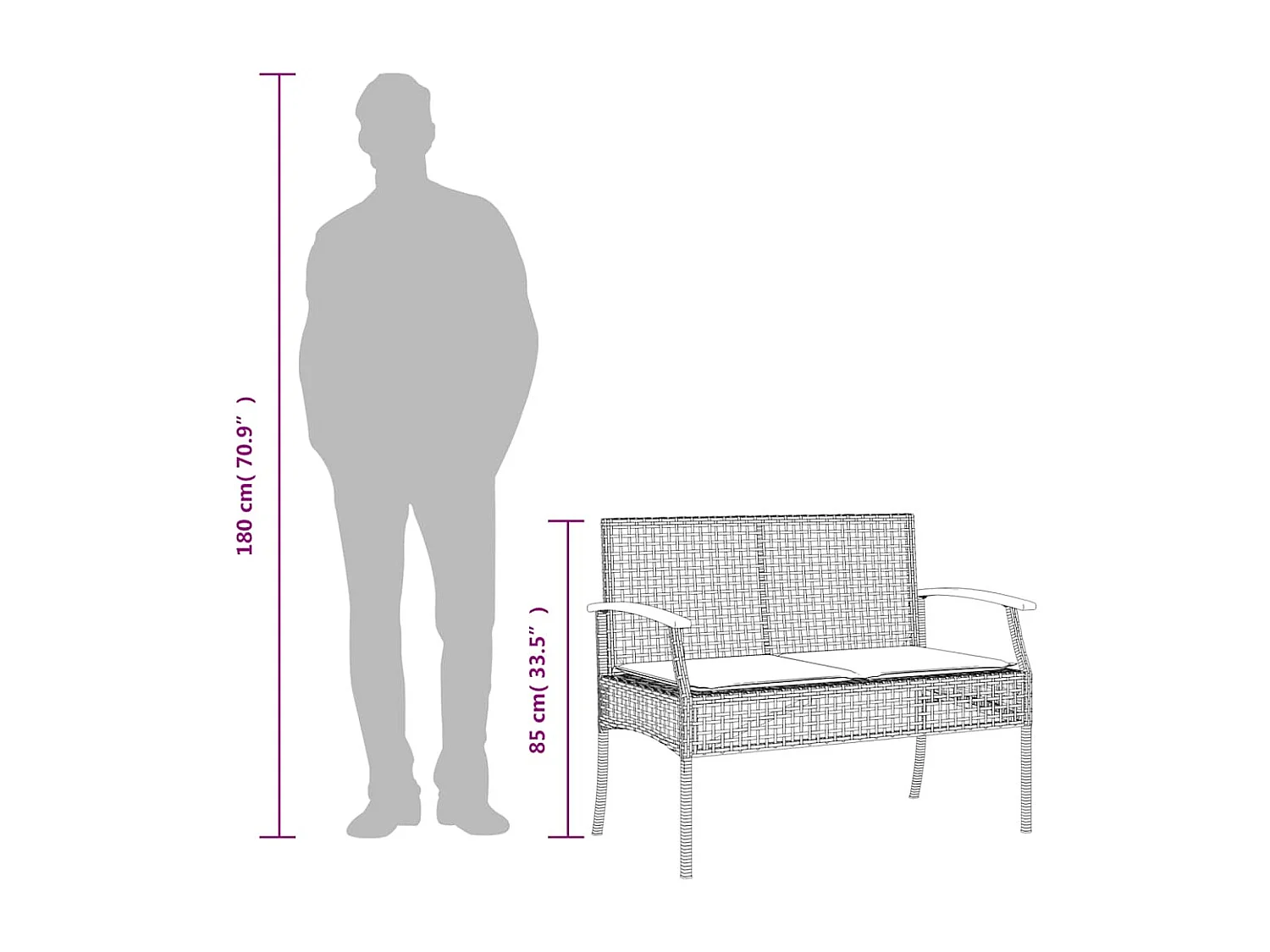 Panca da Giardino con Cuscino Nera in Polyrattan e Legno Acacia