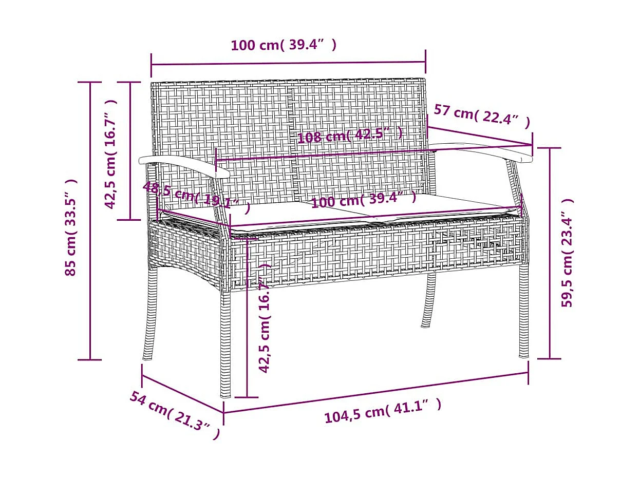 Panca da Giardino con Cuscino Nera in Polyrattan e Legno Acacia