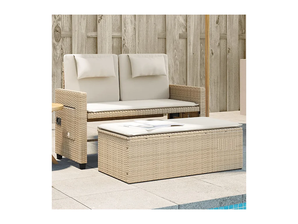 Tuinbankje verstelbaar met kussens poly rattan beige