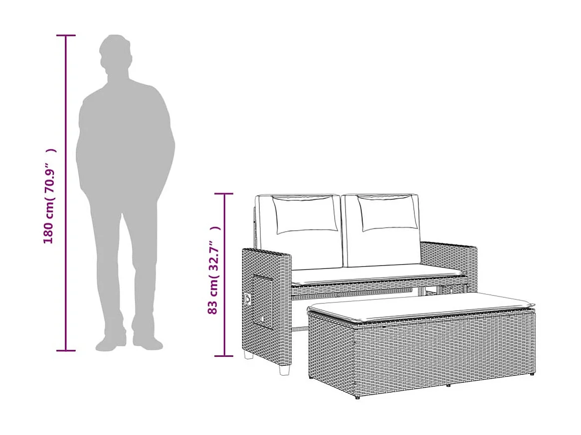 Banc inclinable de jardin avec coussins beige résine tressée