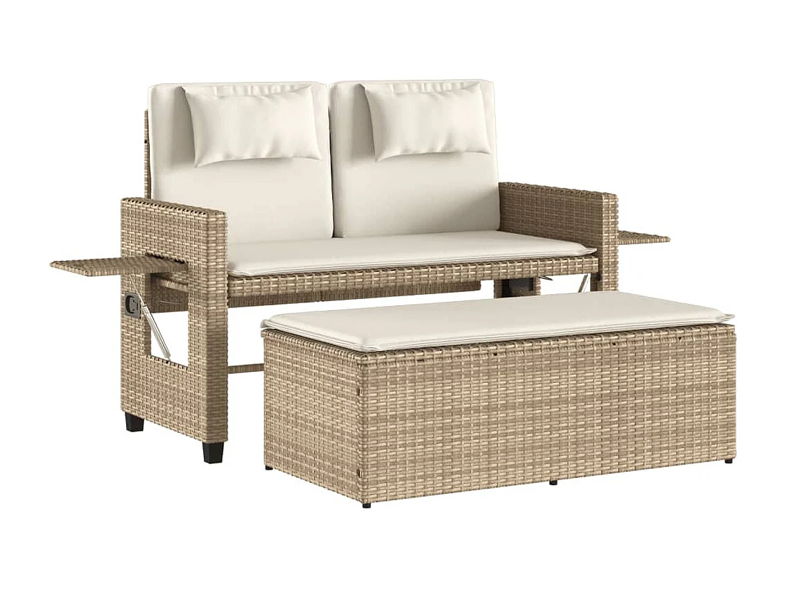 Tuinbankje verstelbaar met kussens poly rattan beige