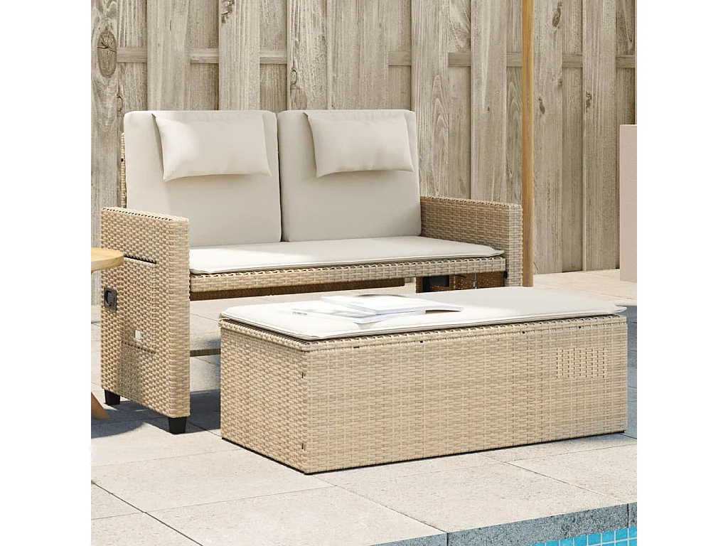 Tuinbankje verstelbaar met kussens poly rattan beige