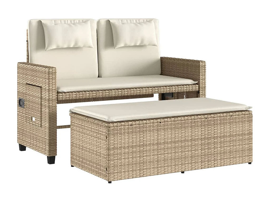 Tuinbankje verstelbaar met kussens poly rattan beige
