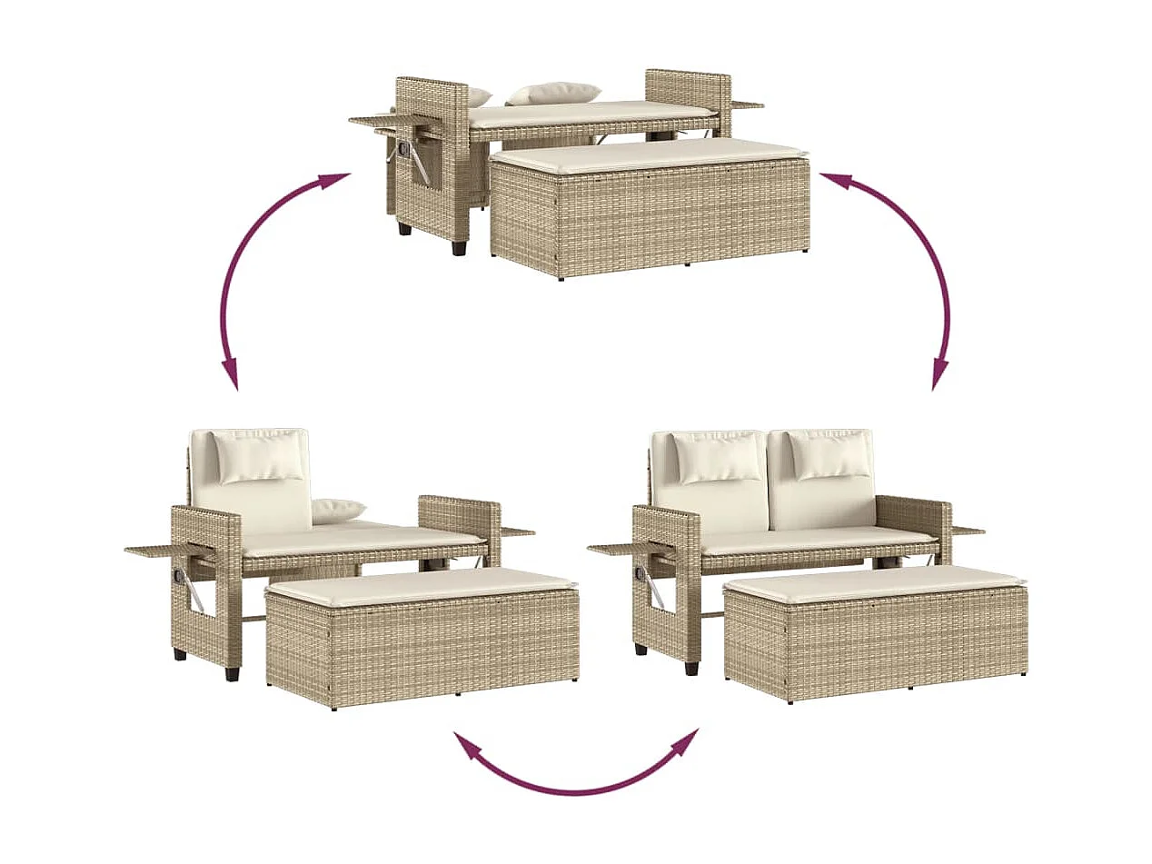 Tuinbankje verstelbaar met kussens poly rattan beige