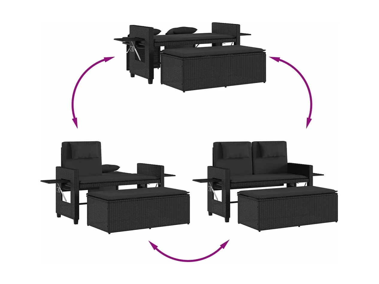 Gartenbank Verstellbar mit Kissen Schwarz Poly Rattan