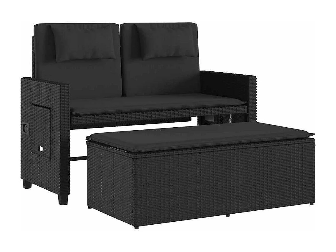 Tuinbankje verstelbaar met kussens poly rattan zwart