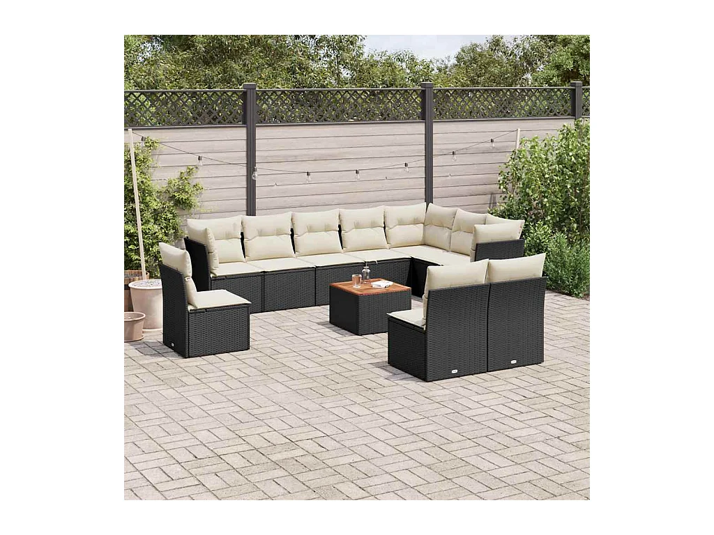 11-tlg. Garten-Sofagarnitur mit Kissen Schwarz Poly Rattan