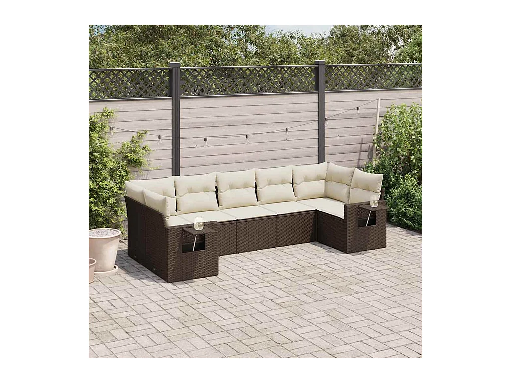 Set Divani da Giardino 7 pz con Cuscini Marrone in Polyrattan