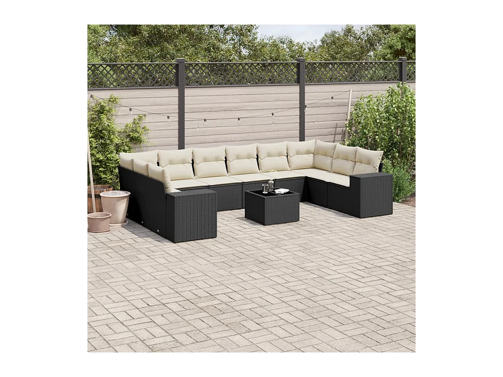 Salon de jardin 11 pcs avec coussins noir résine tressée