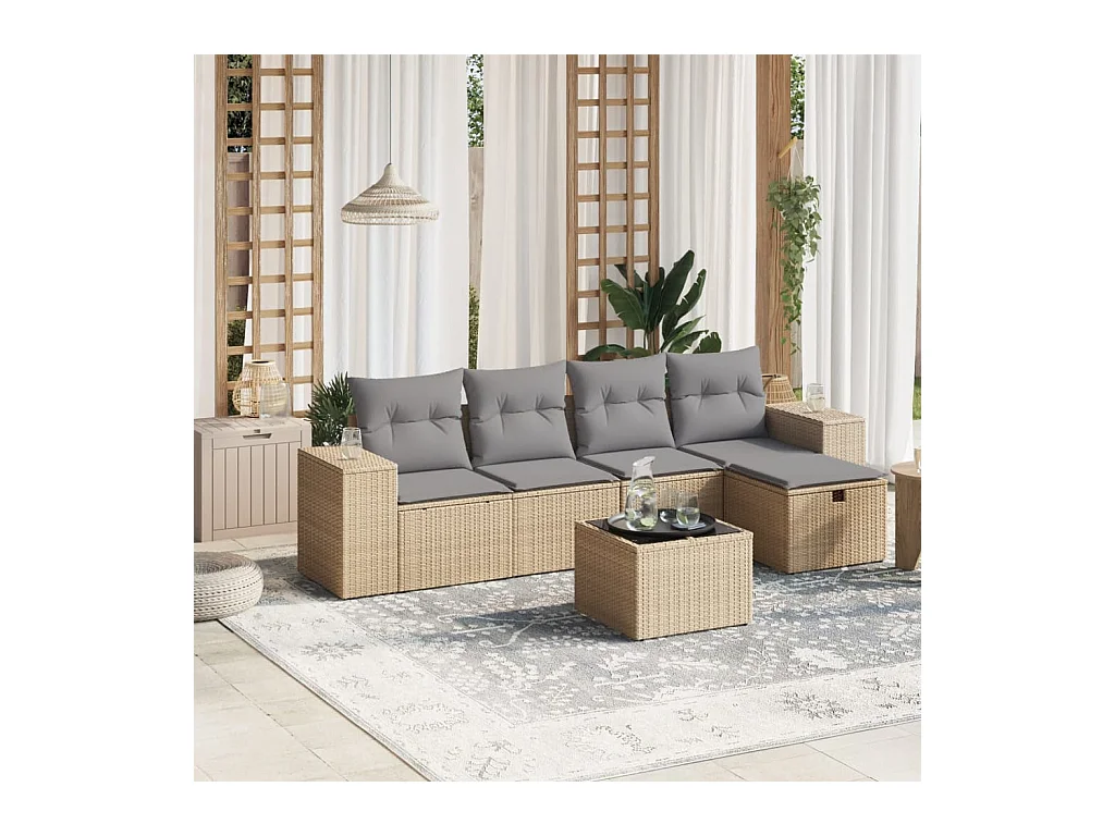 Salon de jardin avec coussins 6pcs mélange beige résine tressée