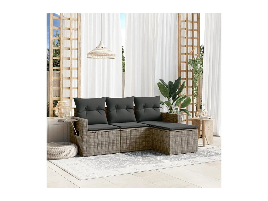 Salon de jardin 4 pcs avec coussins gris résine tressée