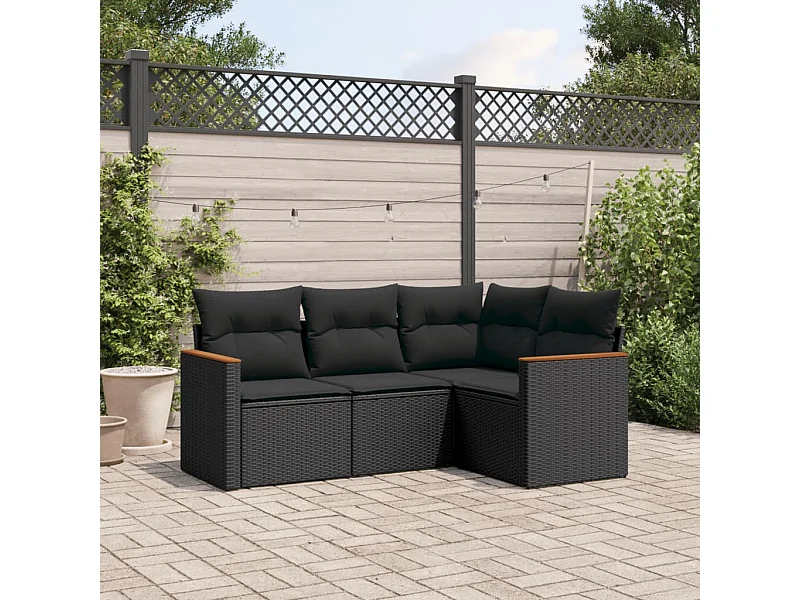 Salon de jardin 4 pcs avec coussins noir résine tressée