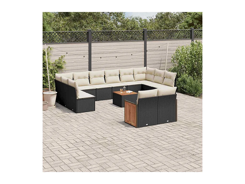 Set Divani da Giardino 13pz con Cuscini Nero in Polyrattan
