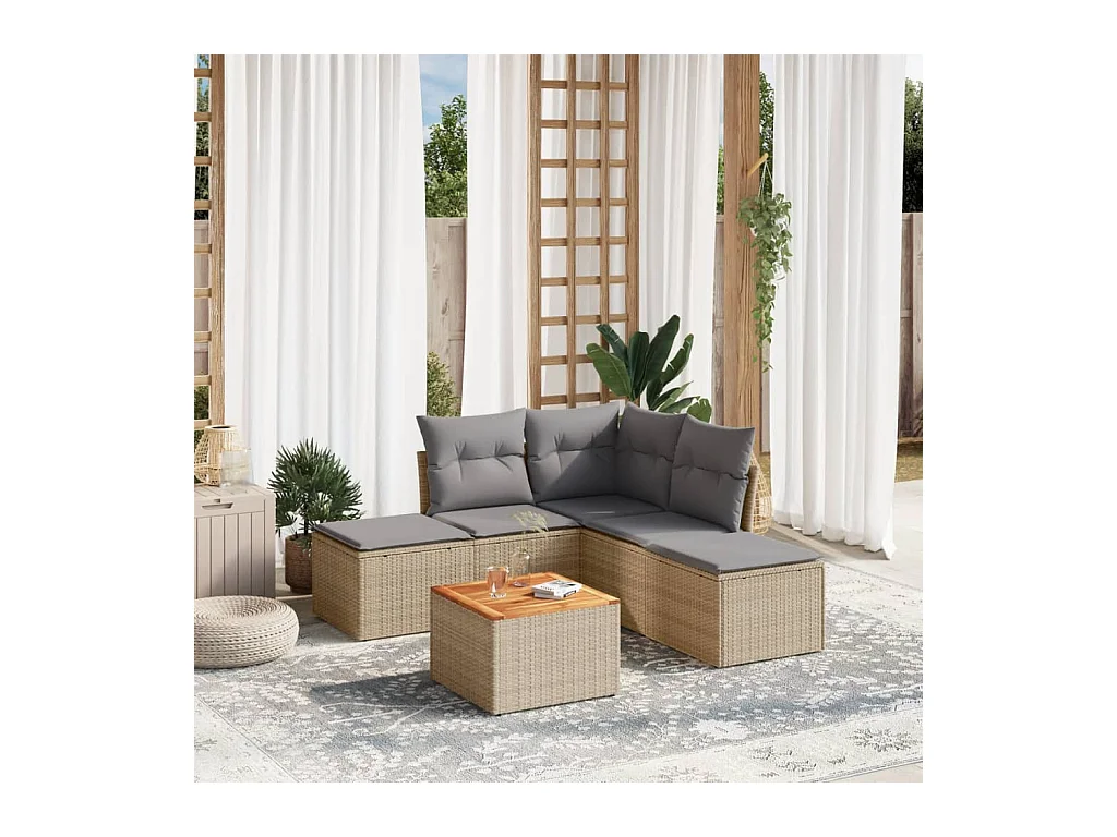 6-tlg. Garten-Sofagarnitur mit Kissen Beige Poly Rattan