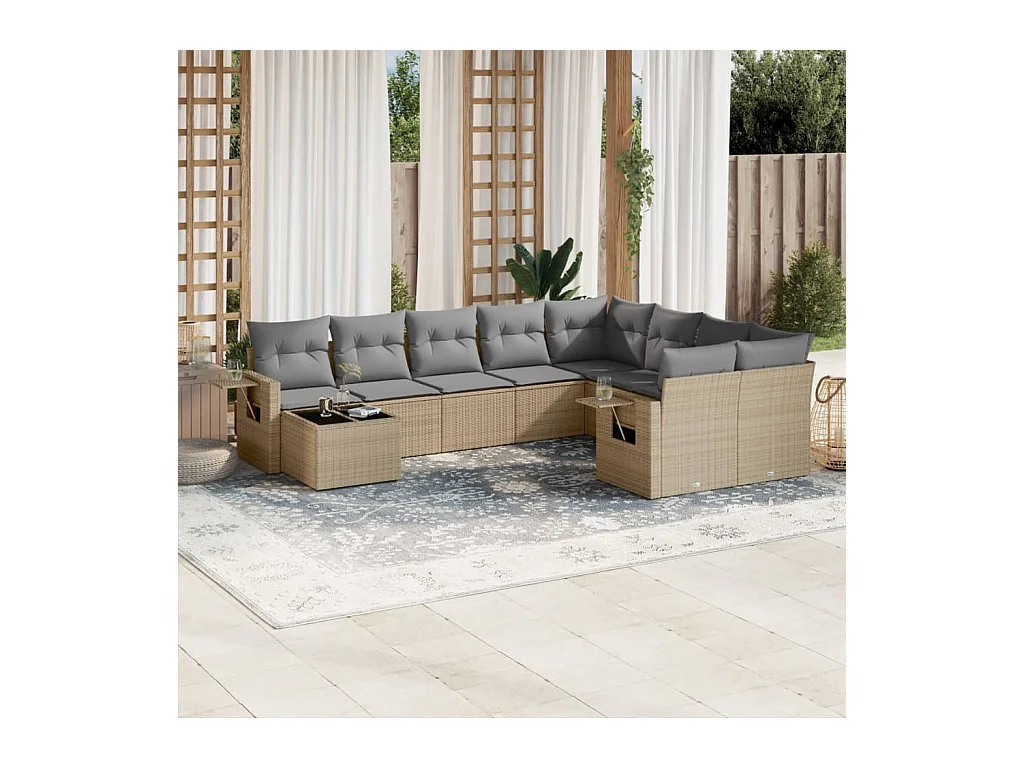 10-tlg. Garten-Sofagarnitur mit Kissen Beige Poly Rattan