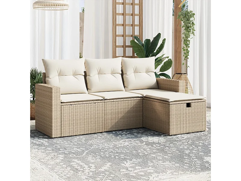 4-tlg. Garten-Sofagarnitur mit Kissen Beige Poly Rattan