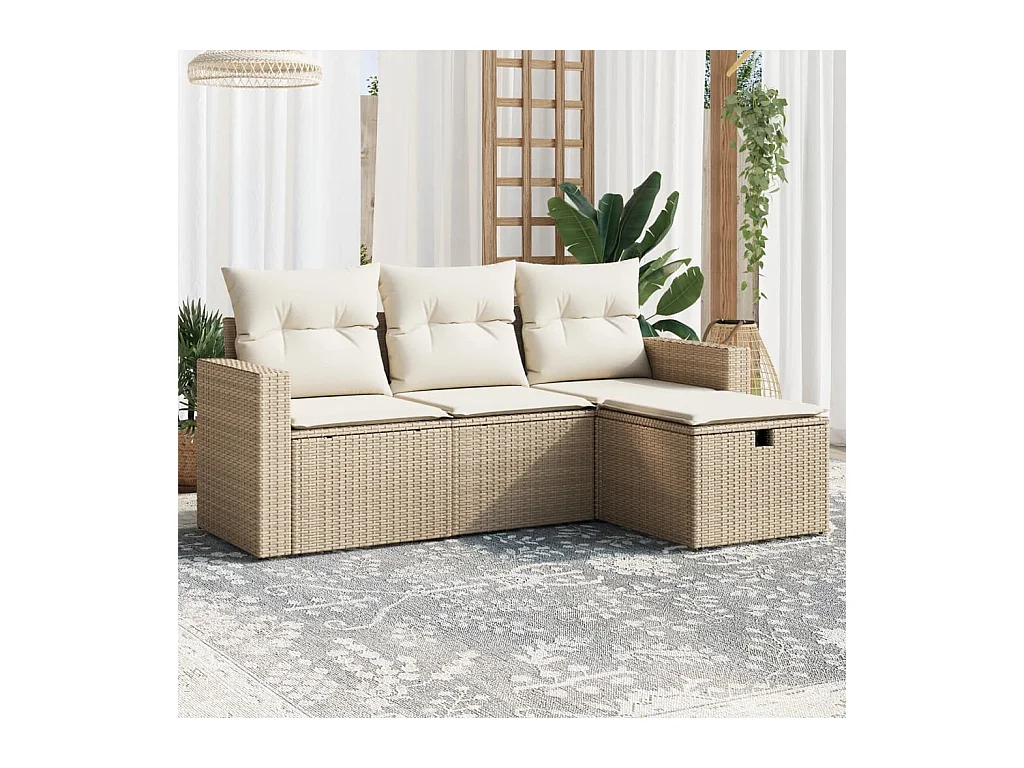 Set Divano da Giardino 4 pz con Cuscini Beige in Polyrattan