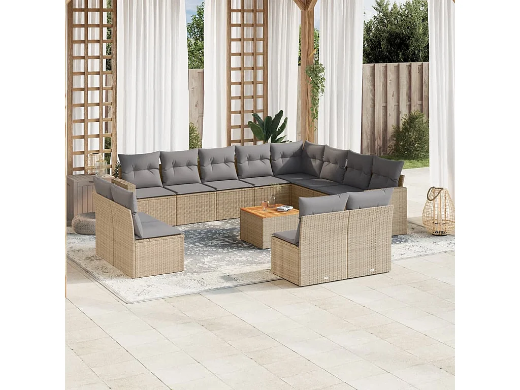 Set Divano da Giardino 13 pz con Cuscini Beige Misto Polyrattan