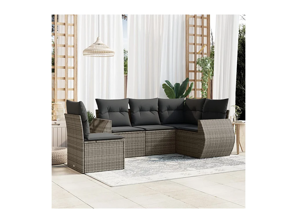 5-delige Loungeset met kussens poly rattan grijs