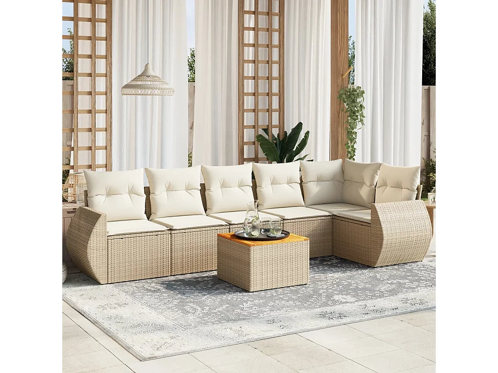 7-delige Loungeset met kussens poly rattan beige