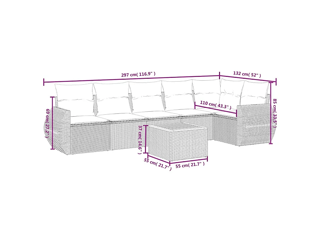 7-delige Loungeset met kussens poly rattan beige