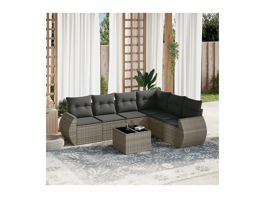 7-delige Loungeset met kussens poly rattan grijs