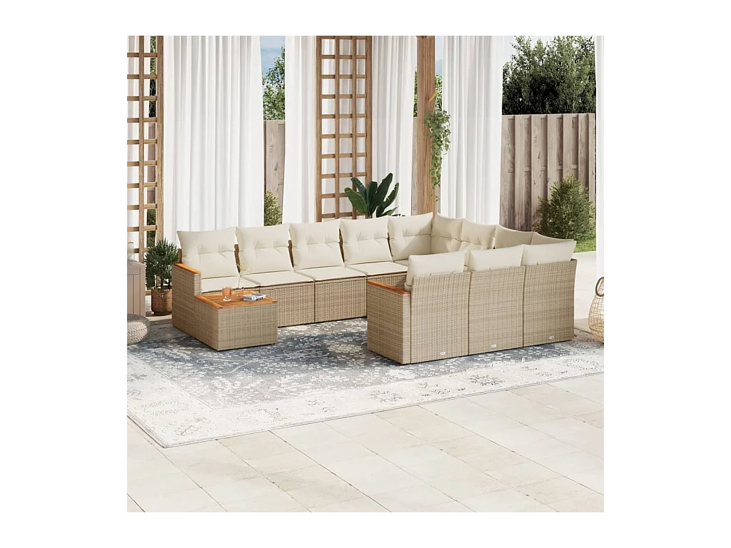 Set Divani da Giardino 11 pz con Cuscini Beige in Polyrattan