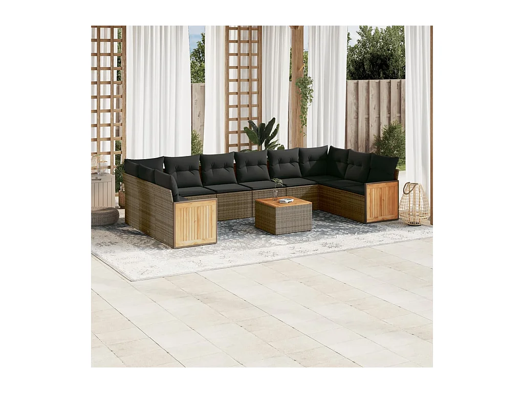Salon de jardin 11 pcs avec coussins gris résine tressée