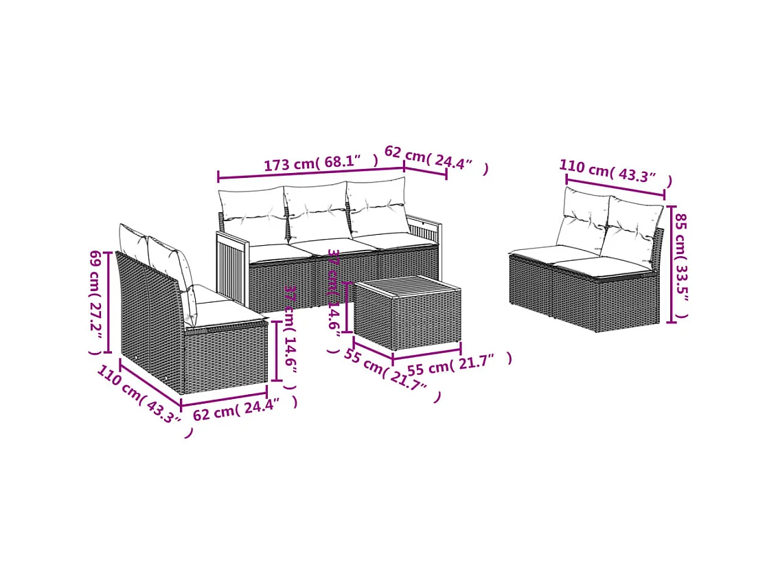 8-tlg. Garten-Sofagarnitur mit Kissen Schwarz Poly Rattan