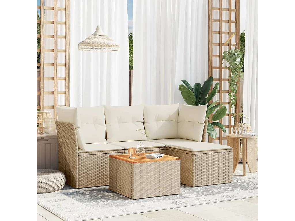 5-tlg. Garten-Sofagarnitur mit Kissen Beige Poly Rattan