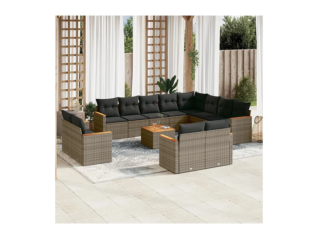 Salon de jardin avec coussins 13 pcs gris résine tressée