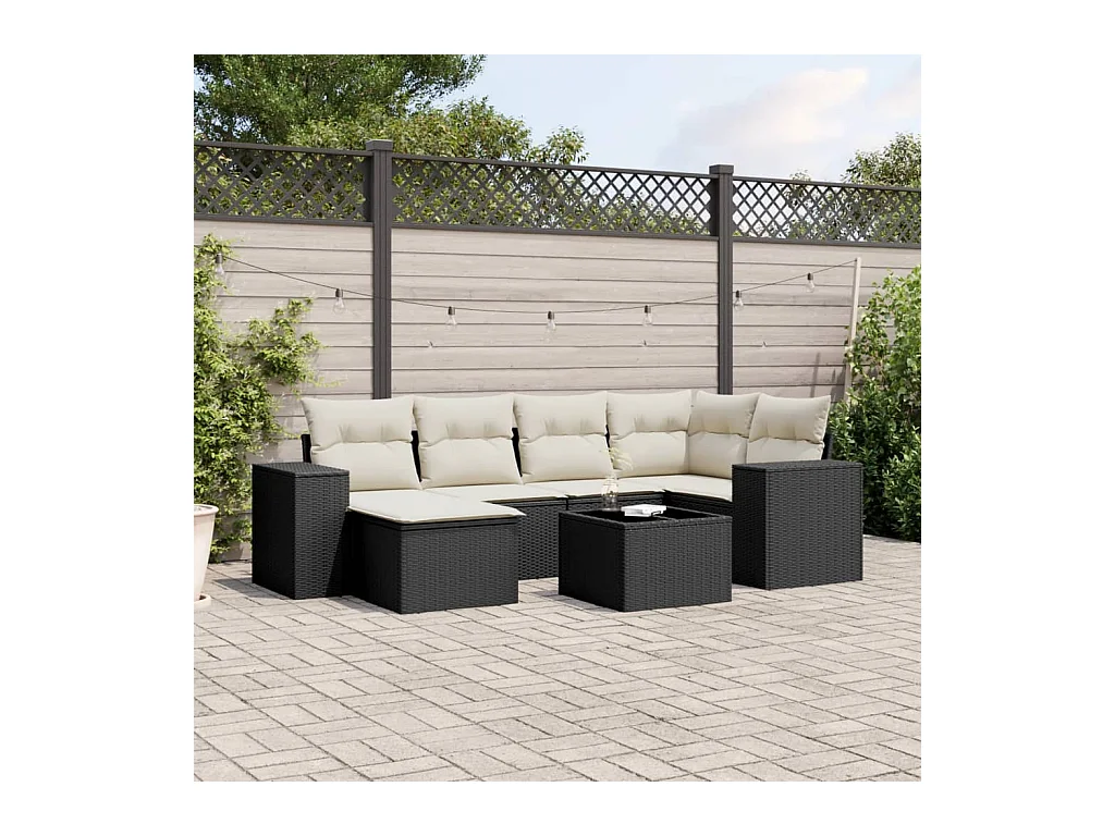 7-delige Loungeset met kussens poly rattan zwart