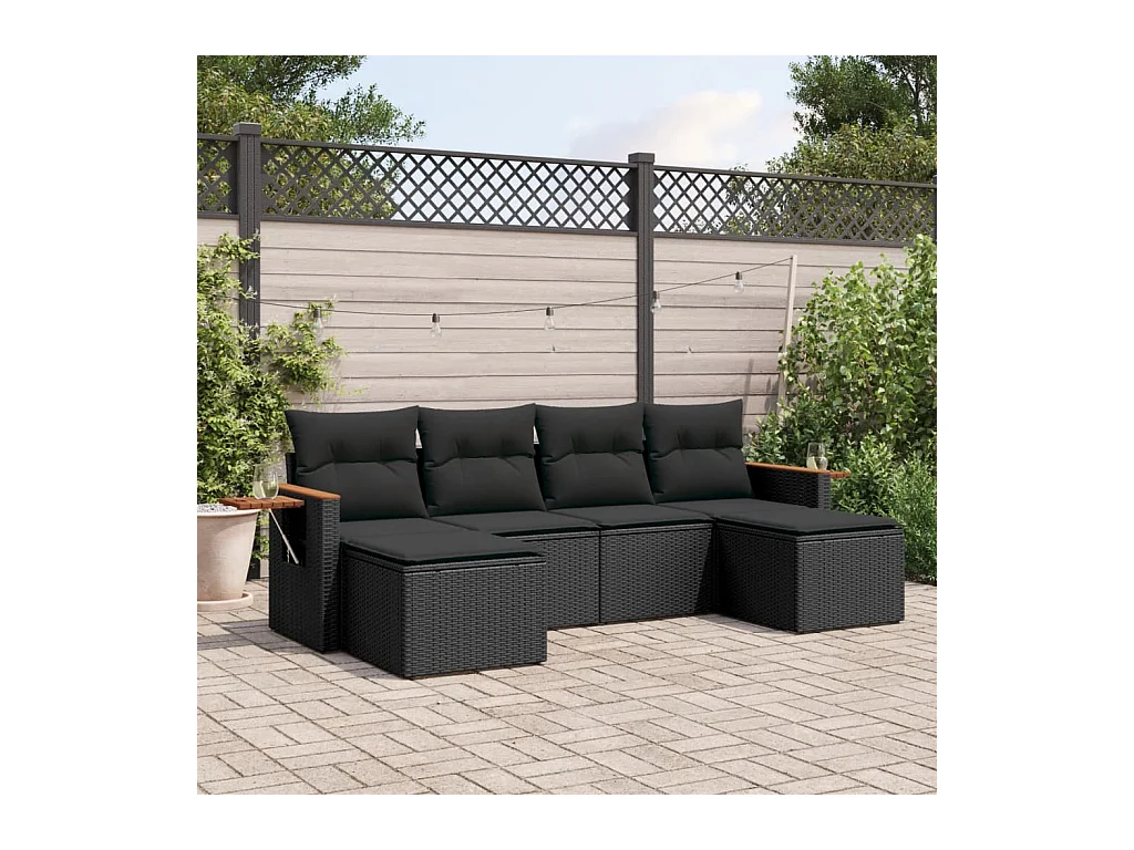 Salon de jardin 6 pcs avec coussins noir résine tressée