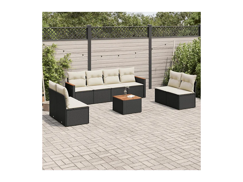 Set Divani da Giardino 9 pz con Cuscini Nero in Polyrattan