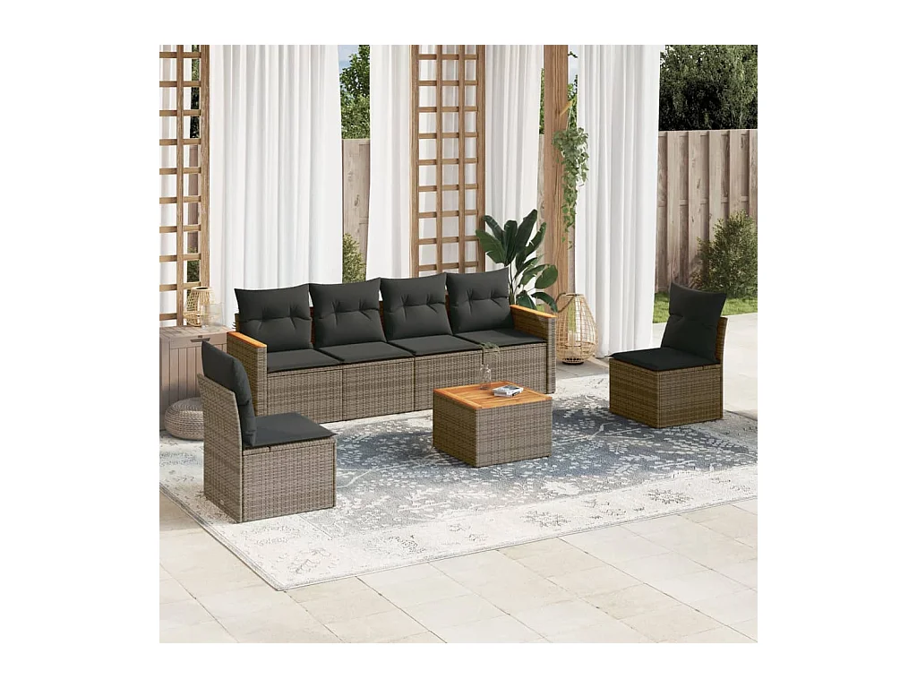 Salon de jardin avec coussins 7 pcs gris résine tressée