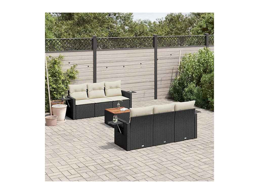 Salon de jardin 7 pcs avec coussins noir résine tressée