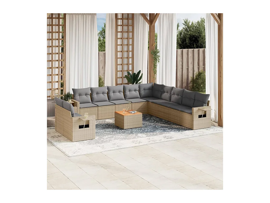 12-tlg. Garten-Sofagarnitur mit Kissen Beige Poly Rattan