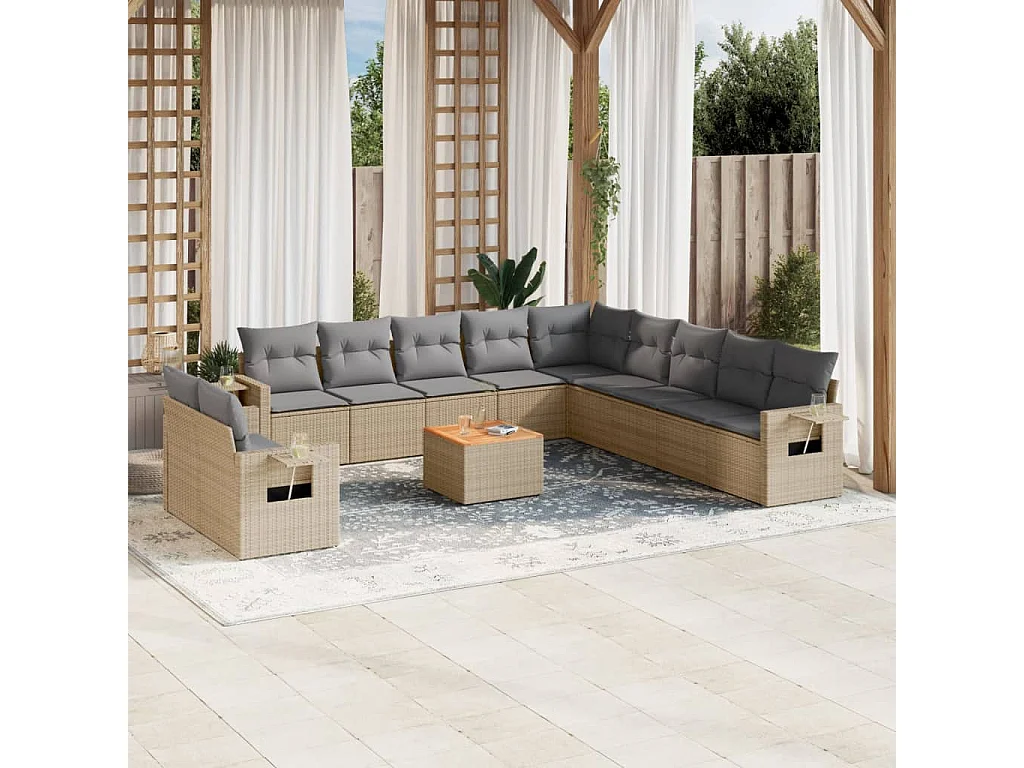 Set Divano da Giardino 12 pz con Cuscini Beige Misto Polyrattan