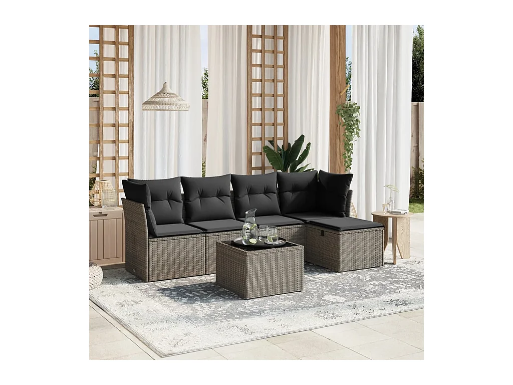 6-tlg. Garten-Sofagarnitur mit Kissen Grau Poly Rattan