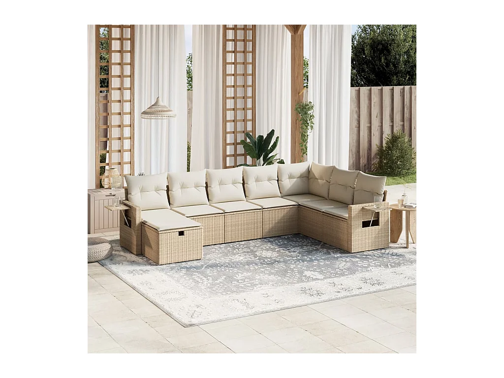 Salon de jardin avec coussins 8 pcs beige résine tressée